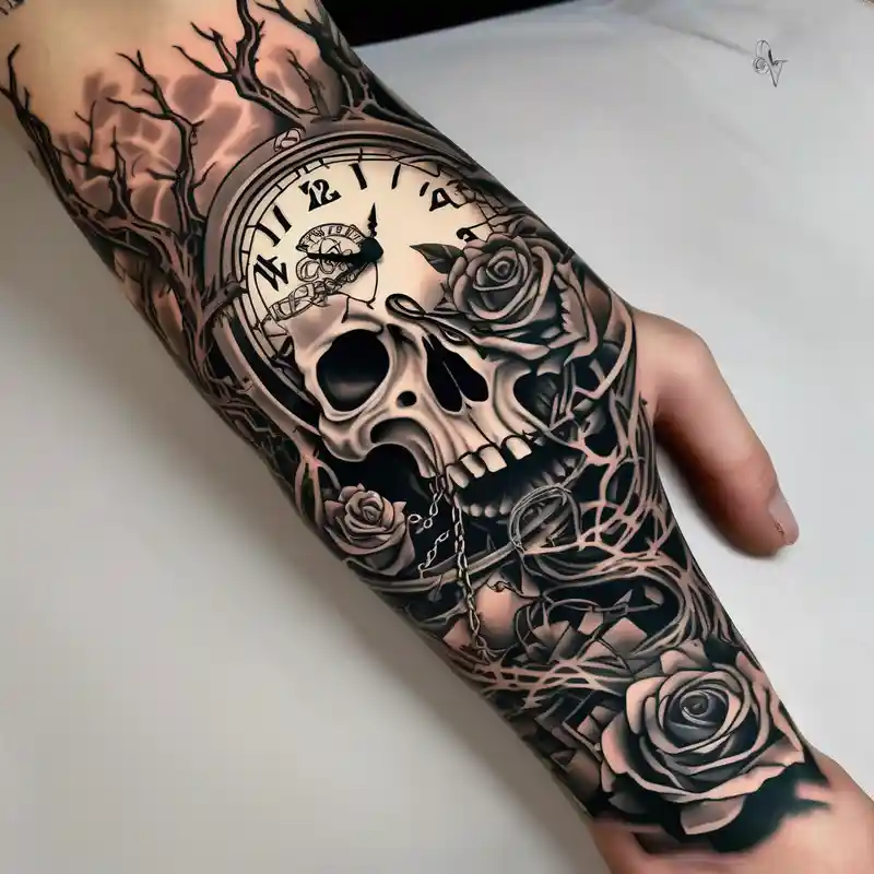 tattoo sleeve, tree roots break out of the chains at the bottom of the hand, Symbolizing loss, an image of a broken mask – Japonés, Blanco y negro